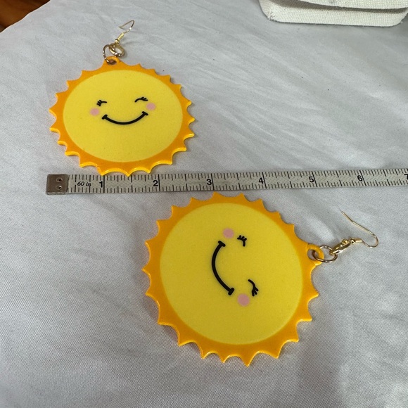 Large fun smiling sunshine yellow earrings - Picture 2 of 5